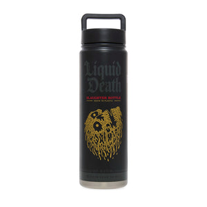 Black water bottle with 'Liquid Death' branding on a white background