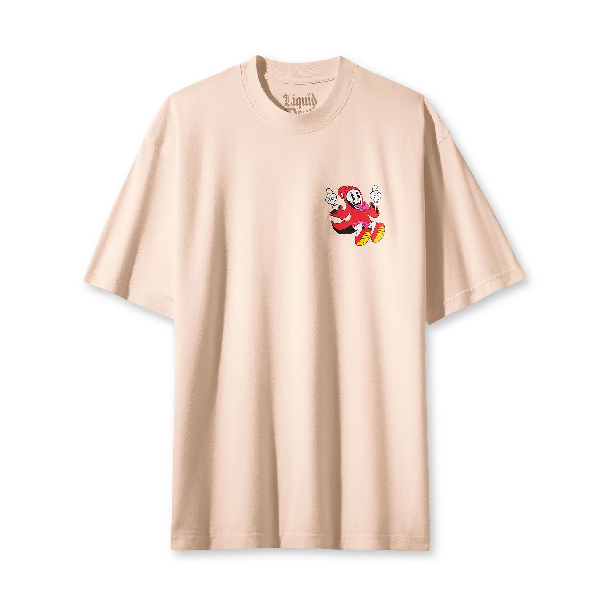 Beige t-shirt with a cartoon character on a white background