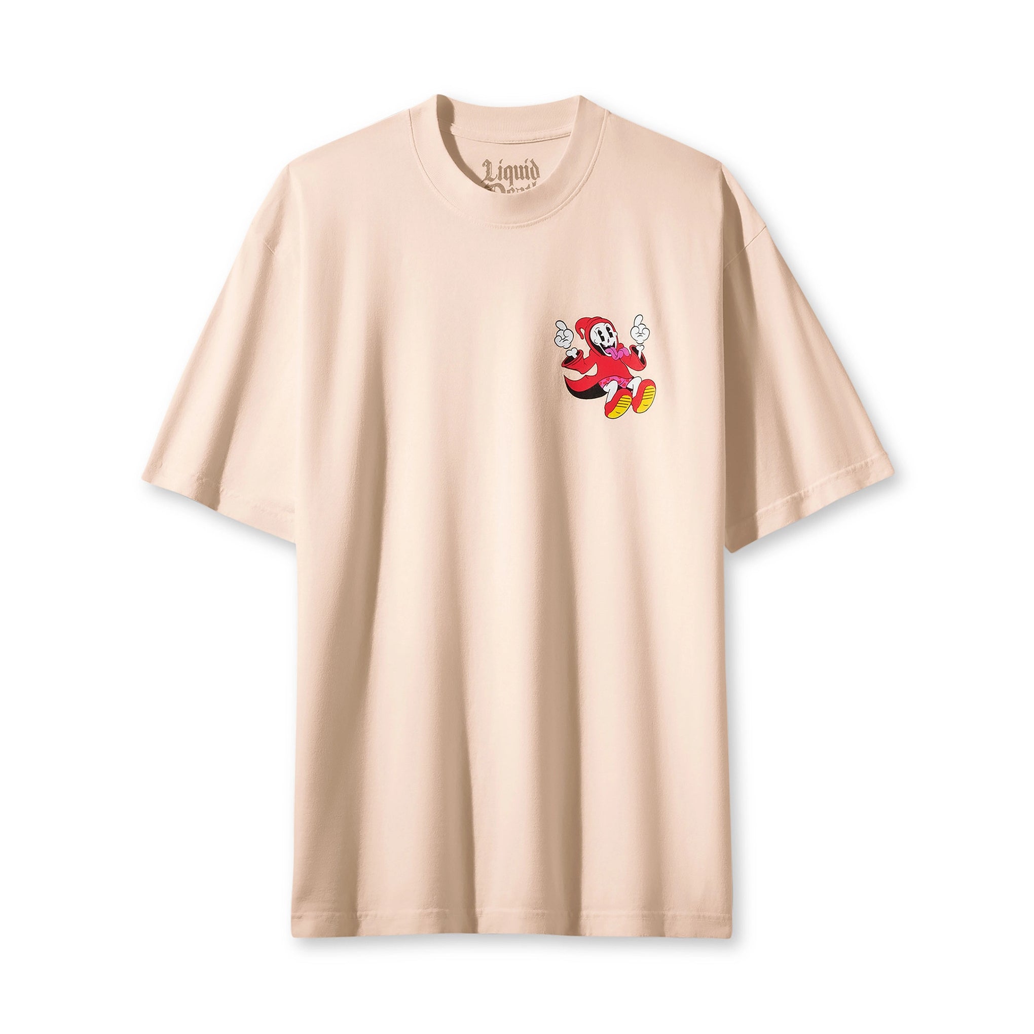 Beige t-shirt with a cartoon character on a white background