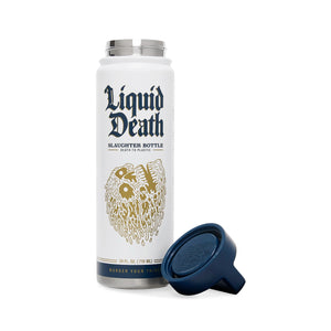 White water bottle labeled 'Liquid Death' with a blue cap on a white background