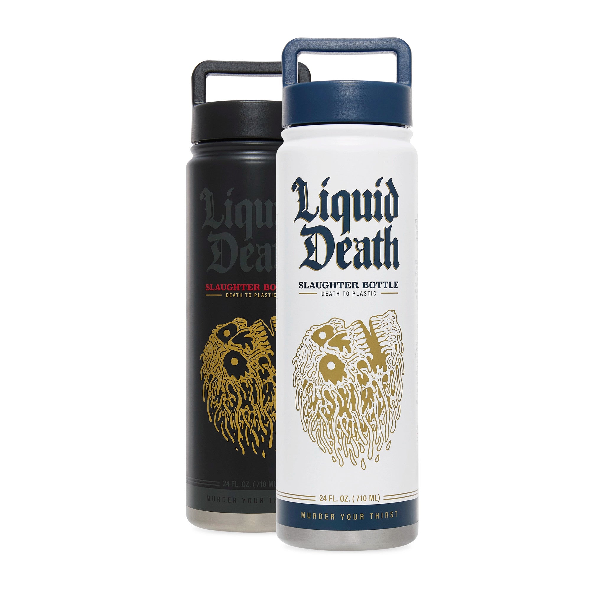 Two insulated bottles with 'Liquid Death' branding on a white background