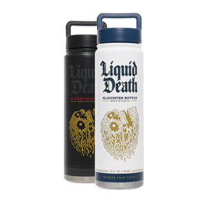 Two insulated bottles with 'Liquid Death' branding on a white background