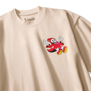 Beige sweatshirt with a cartoon character and 'Liquid' branding on a white background