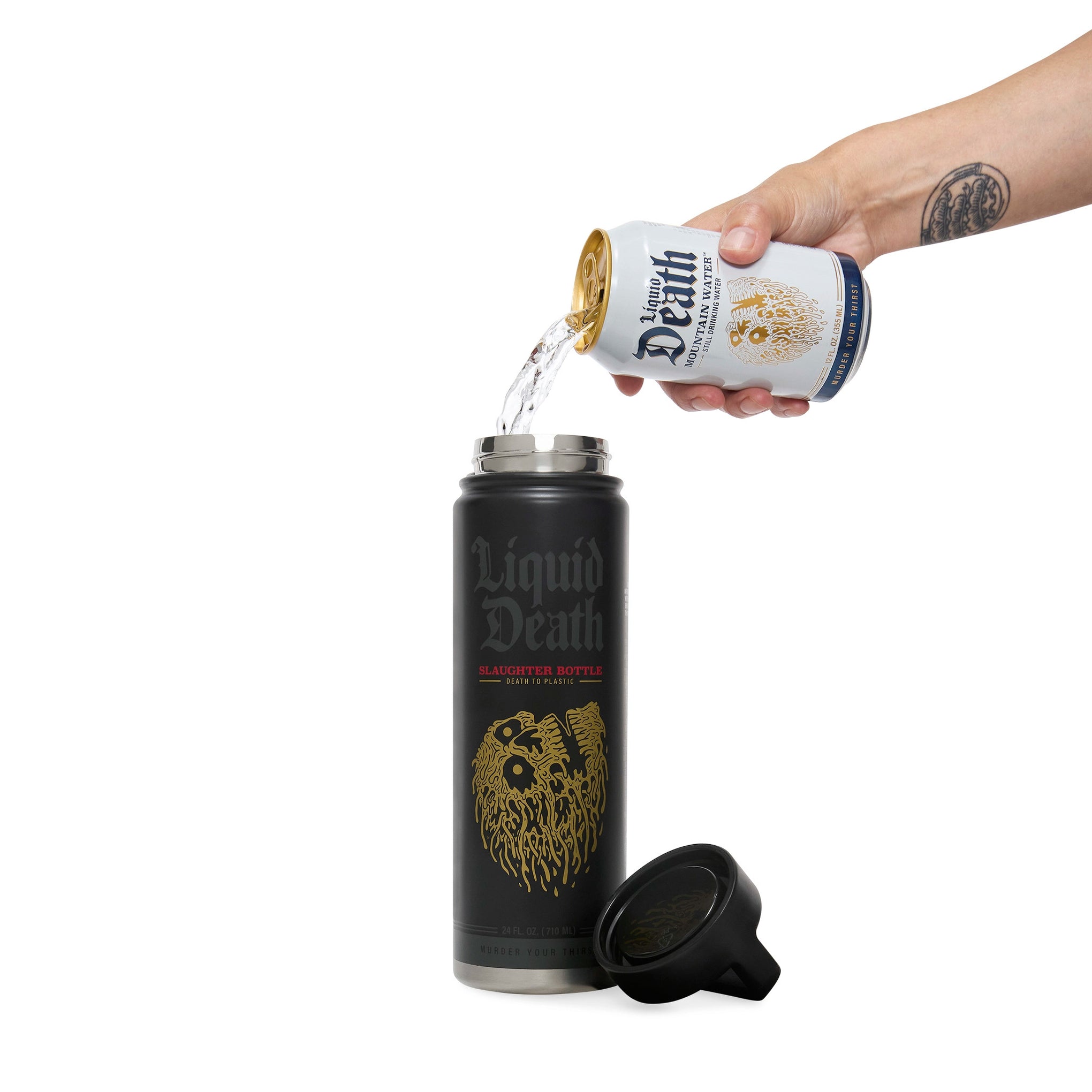 Person pouring a liquid into a 'Liquid Death' reusable slaughter bottle black