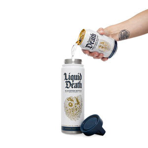 Hand pouring liquid from a 'Liquid Death' bottle into another bottle on a white background