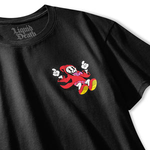 Black t-shirt with a red and white graphic design on a white background