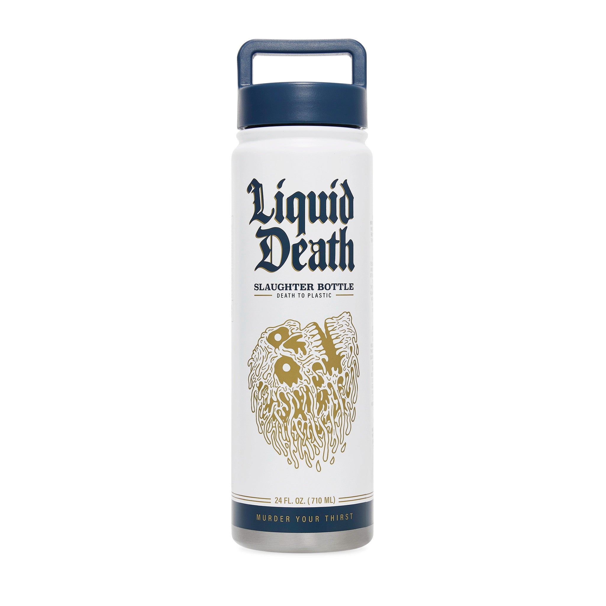 White water bottle with 'Liquid Death' branding on a white background