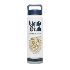 White water bottle with 'Liquid Death' branding on a white background