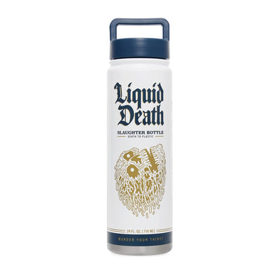 White water bottle with 'Liquid Death' branding on a white background