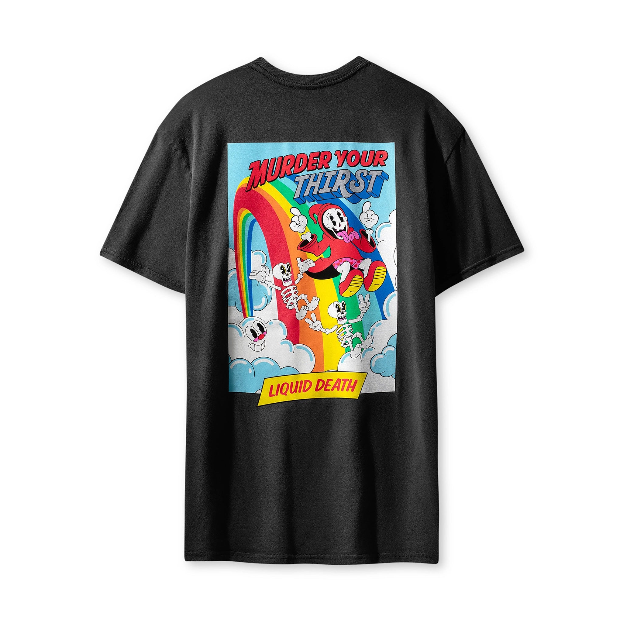 Black t-shirt with colorful graphic design on a white background