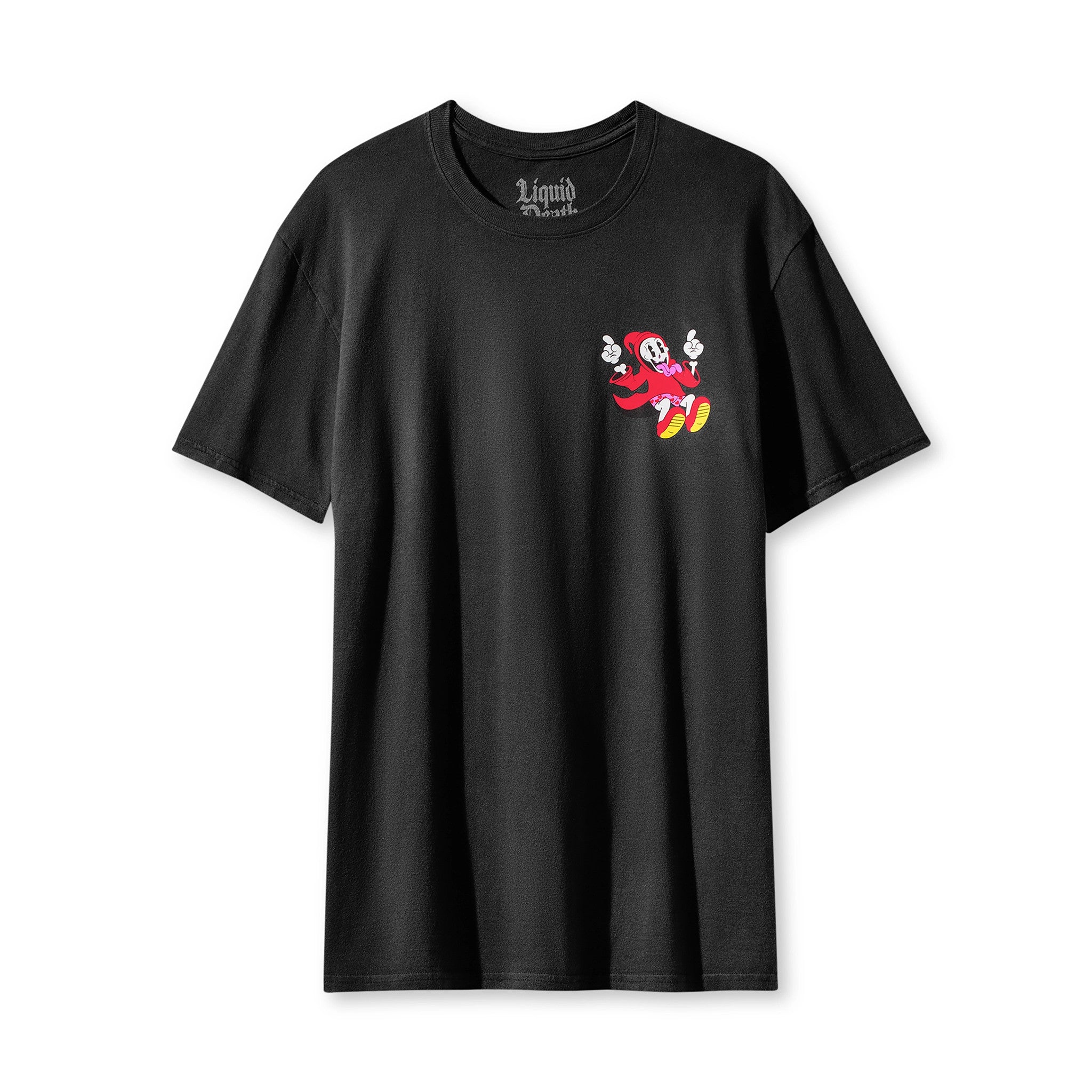 Black t-shirt with a colorful graphic on a white background