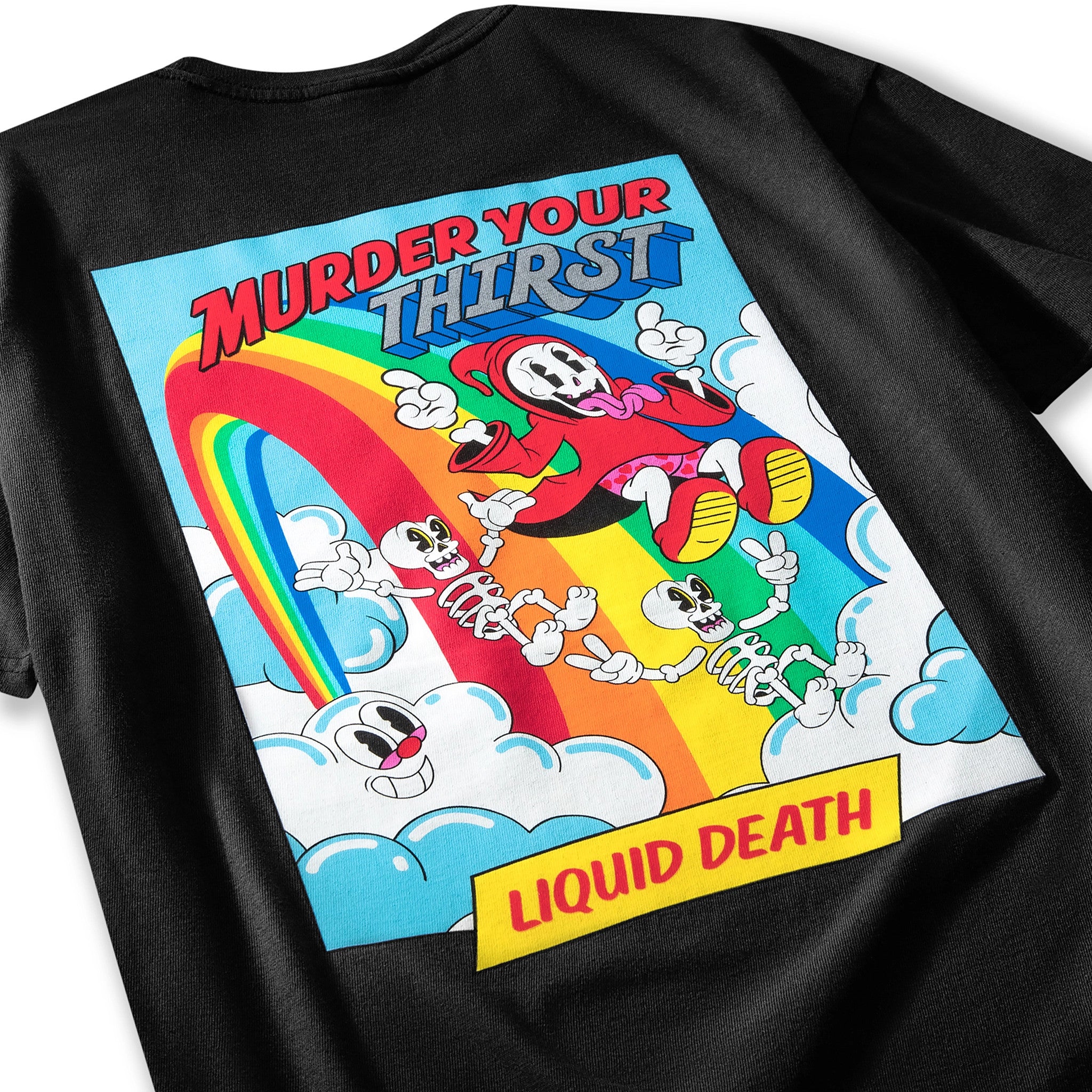 Black t-shirt with a colorful graphic design featuring skeletons, a rainbow, and text on a white background.
