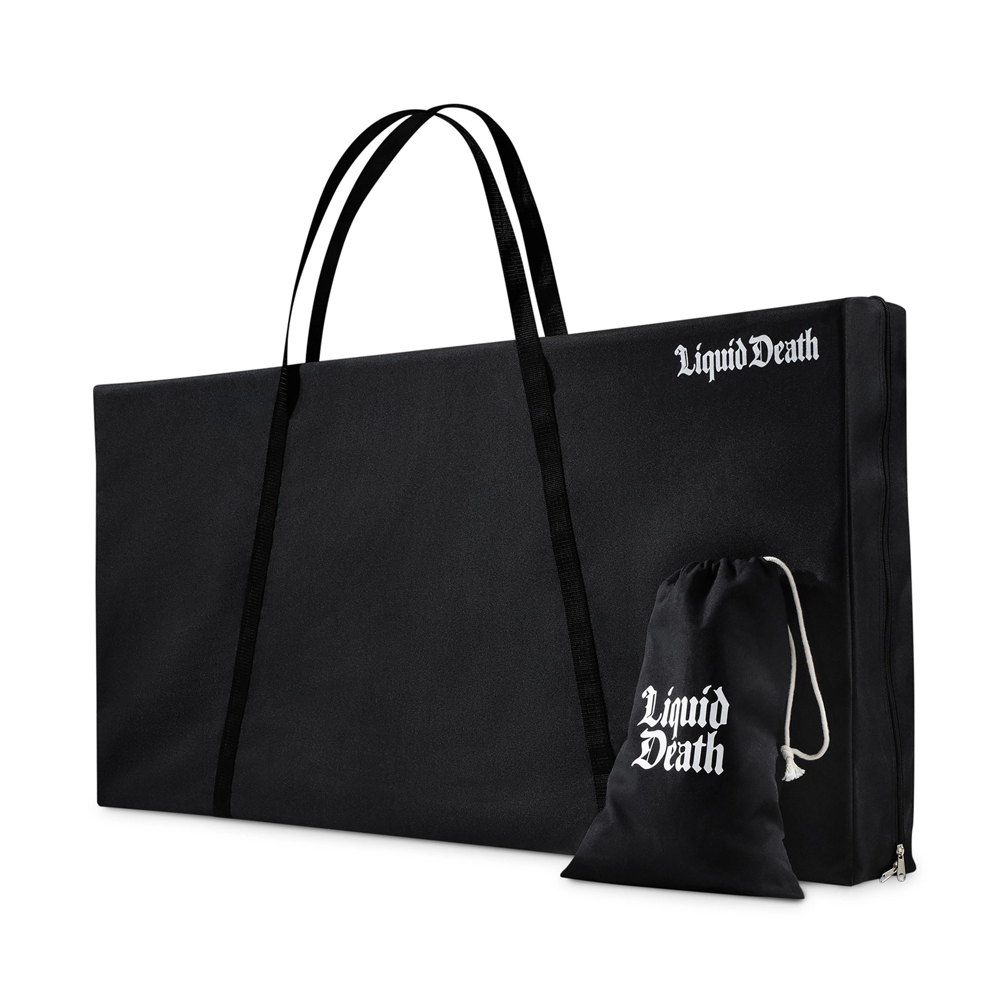 Black tote bag and drawstring pouch with 'Liquid Death' branding on a white background