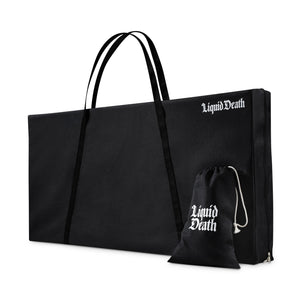Black tote bag and drawstring pouch with 'Liquid Death' branding on a white background