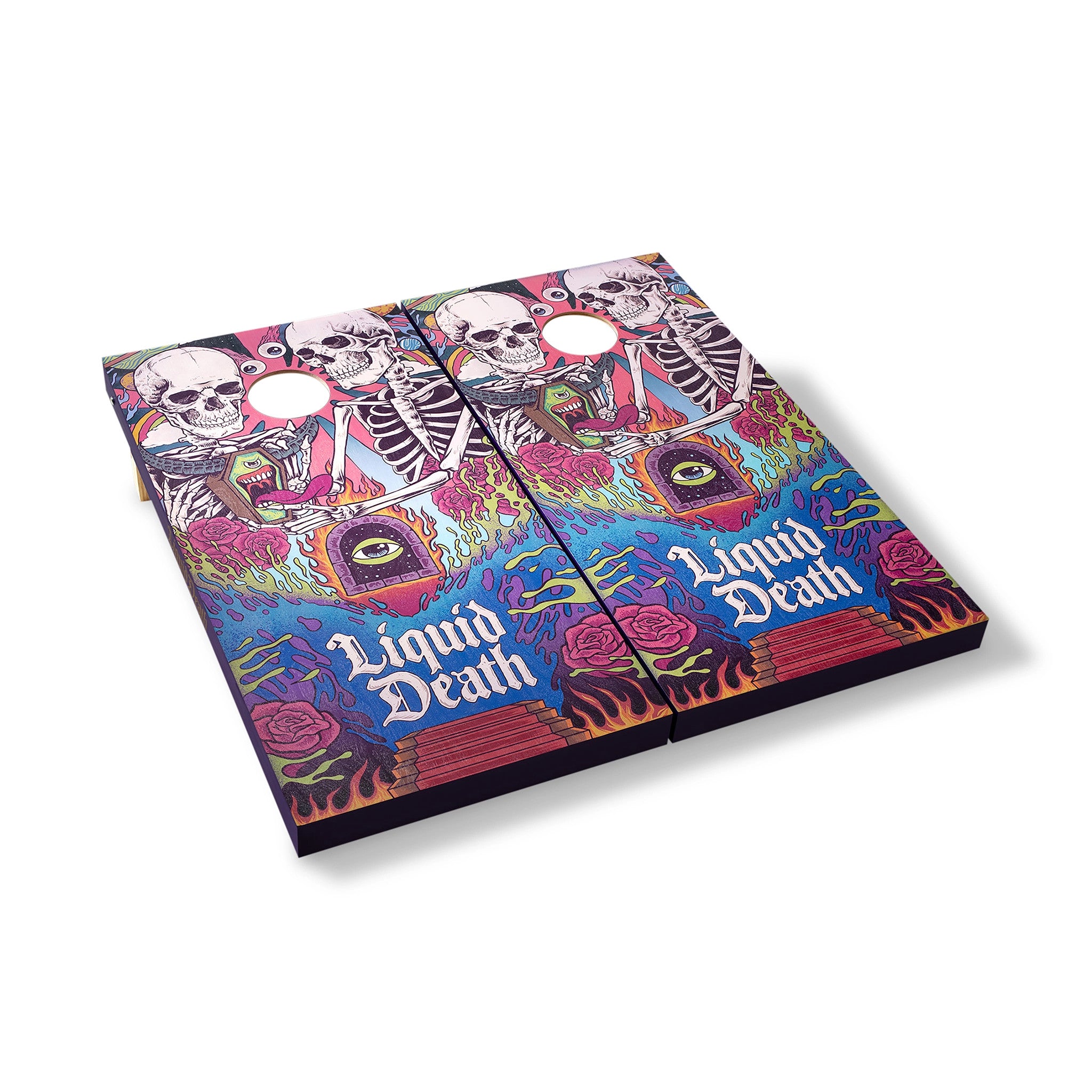 Colorful cornhole boards with 'Liquid Death' design on a white background