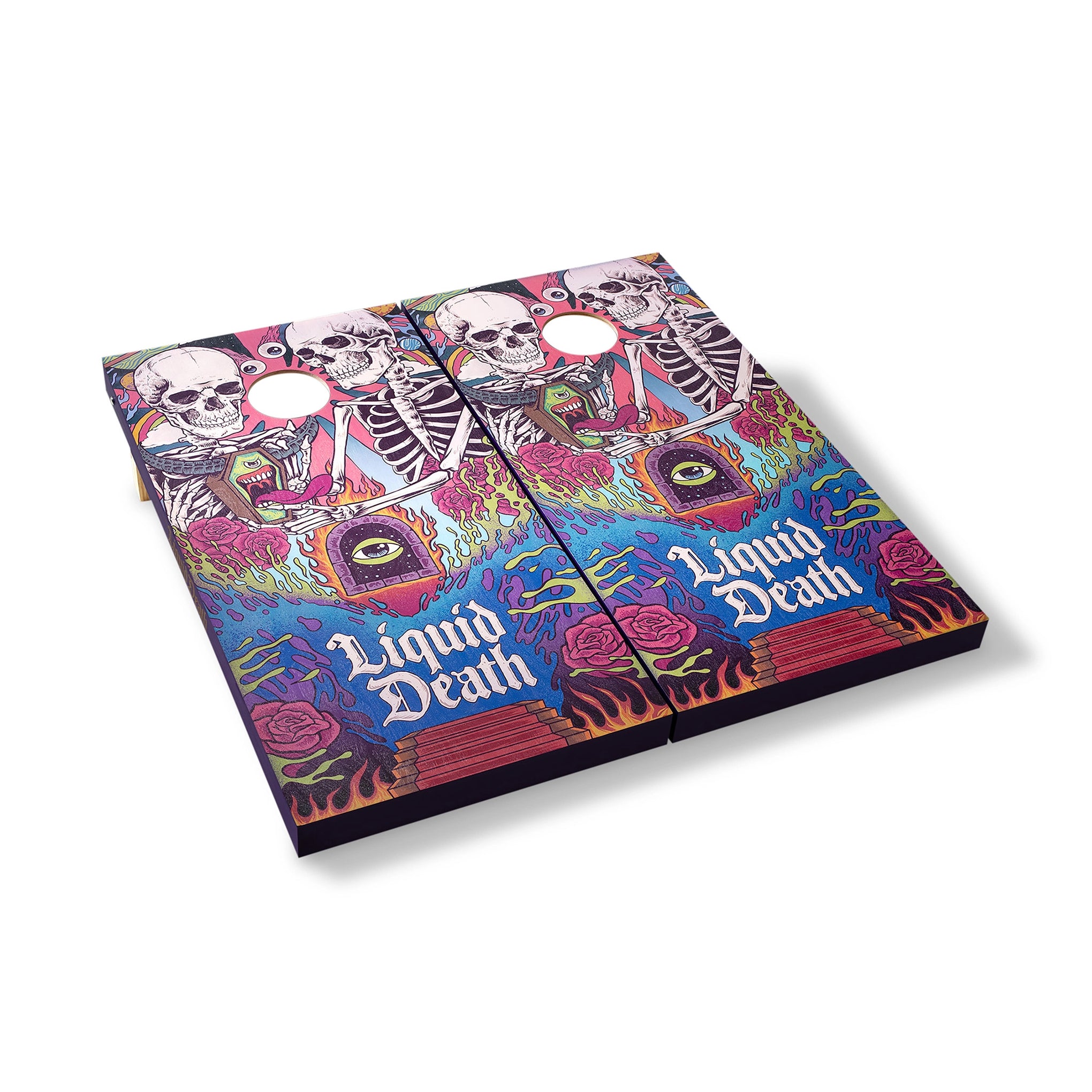 Colorful cornhole boards with 'Liquid Death' design on a white background