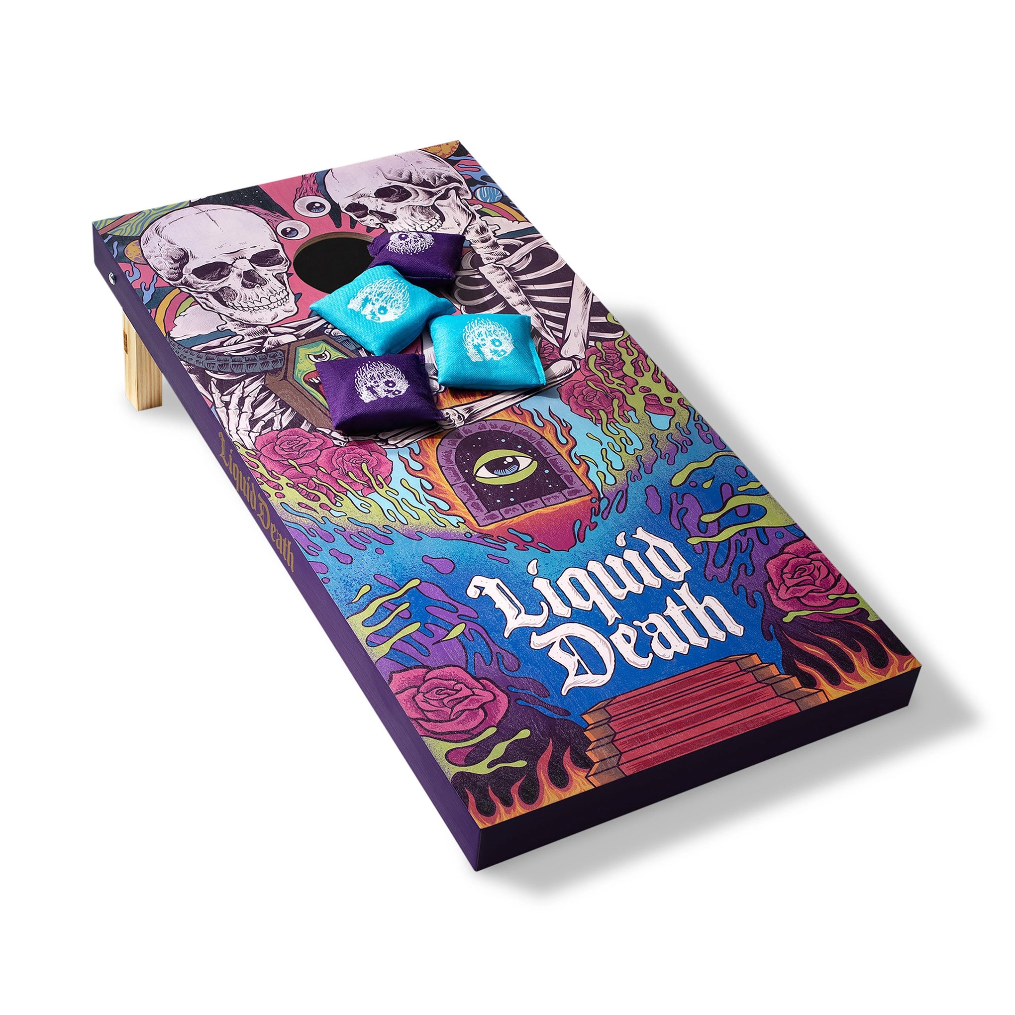Colorful cornhole board with 'Liquid Death' design and dice on a white background