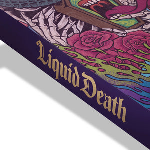 Product packaging with 'Liquid Death' text and colorful design elements.