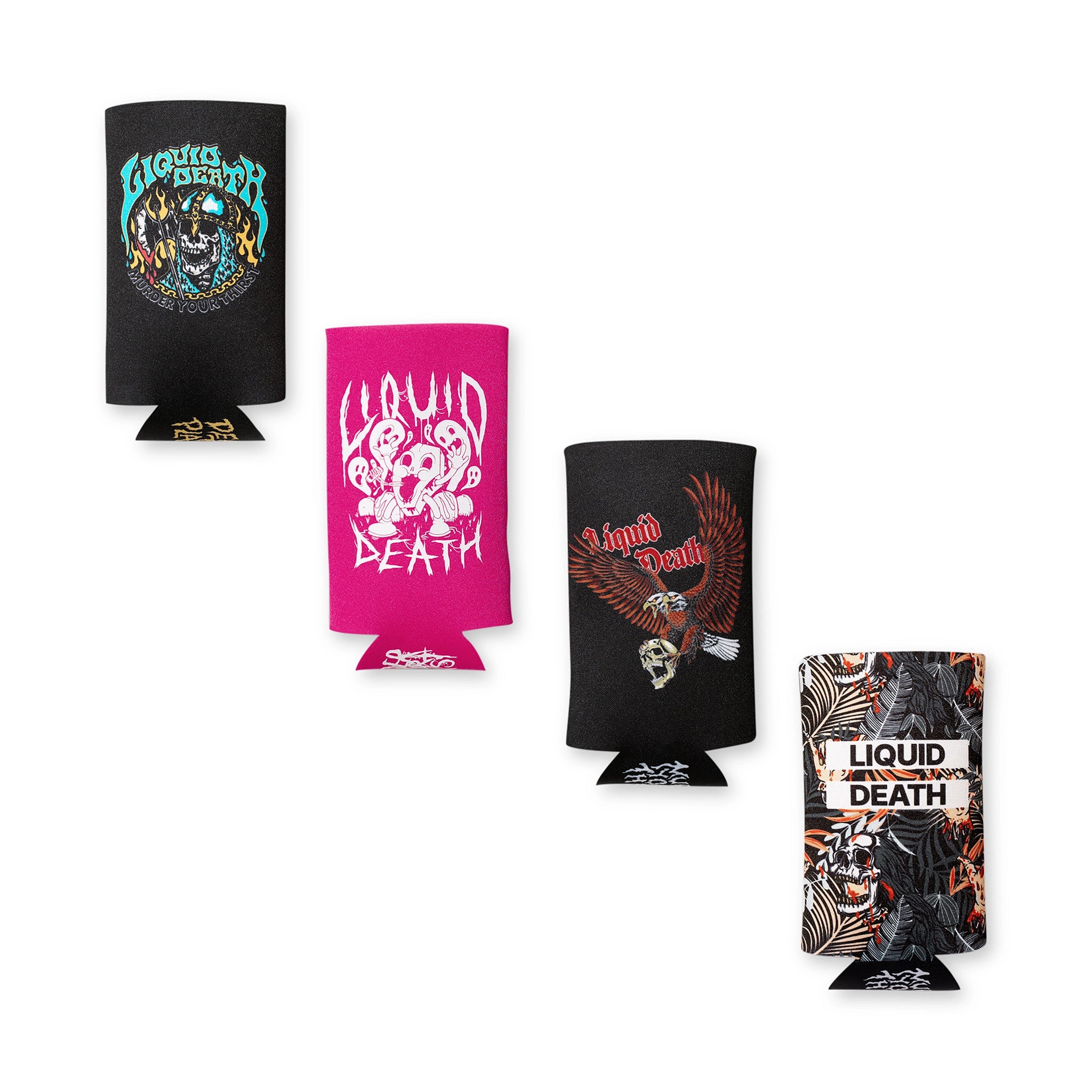 Five can coolers with 'Liquid Death' branding on a white background