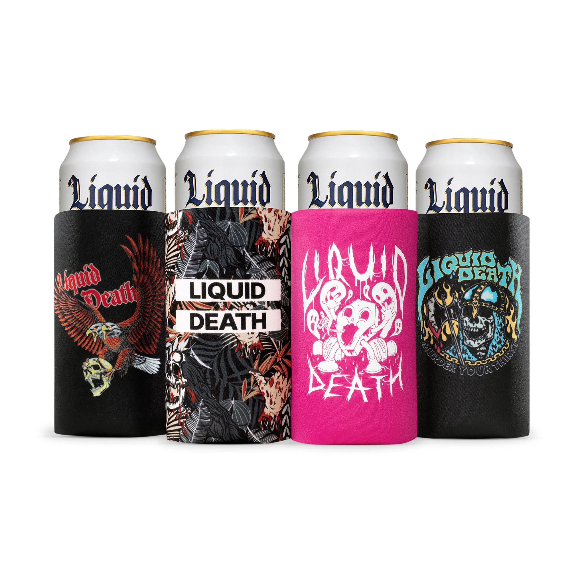 Four cans of 'Liquid' with colorful can coolers featuring 'Liquid Death' branding on a white background.