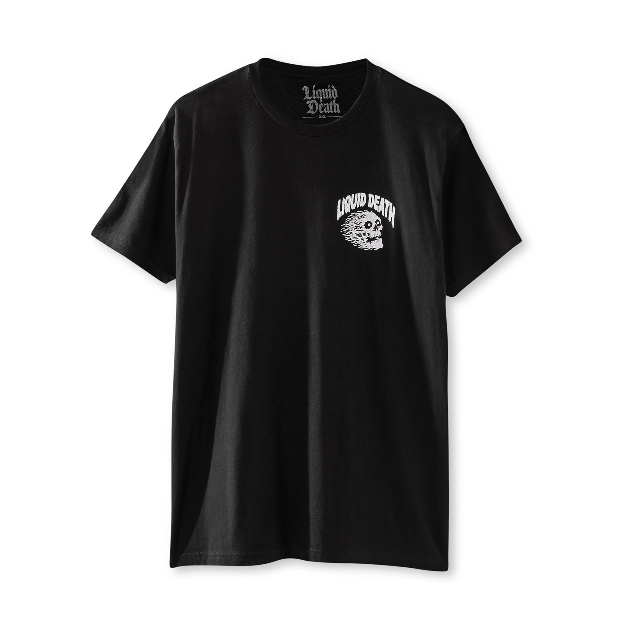 Black t-shirt with 'Liquid Death' logo on a white background