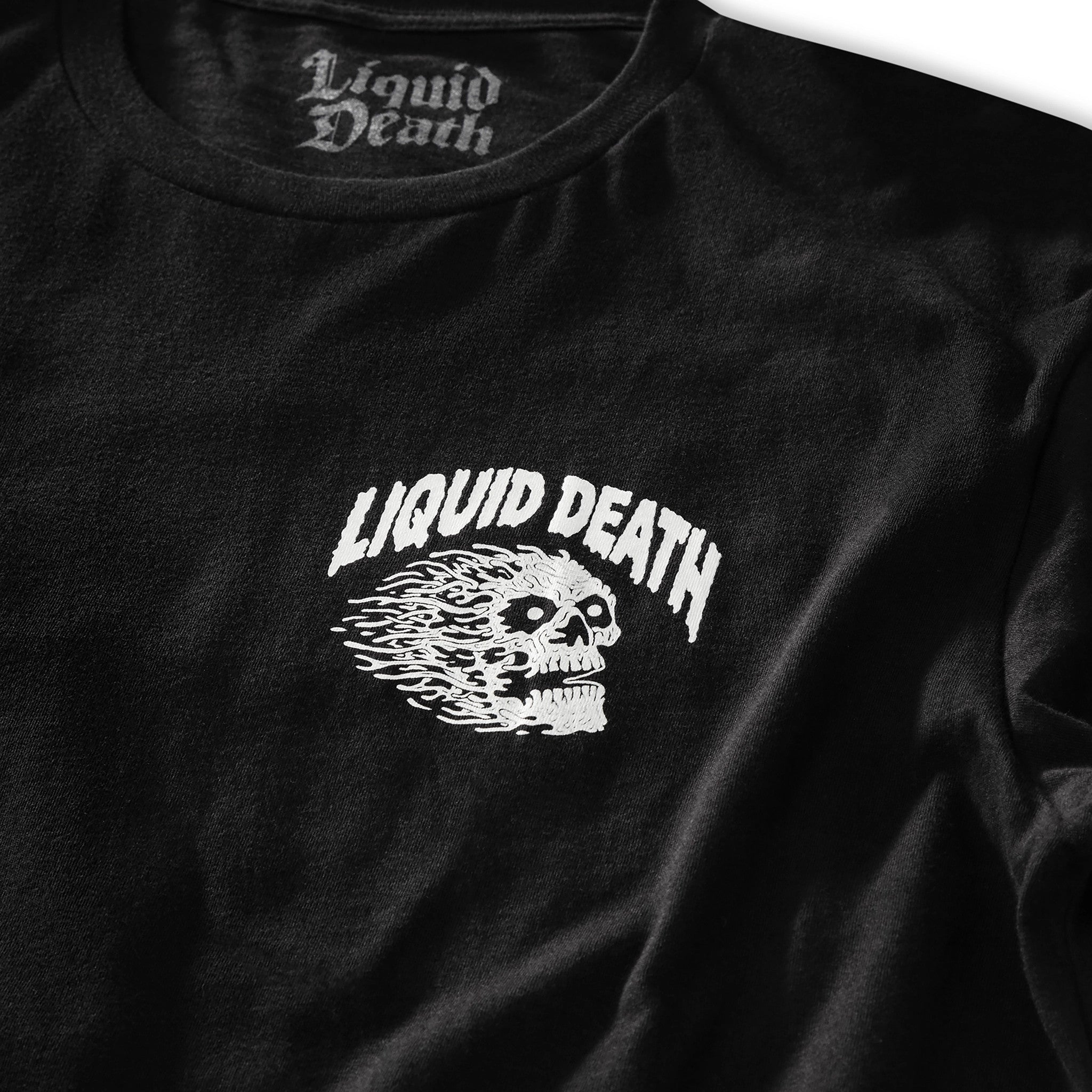 Black t-shirt with 'Liquid Death' logo on a white background