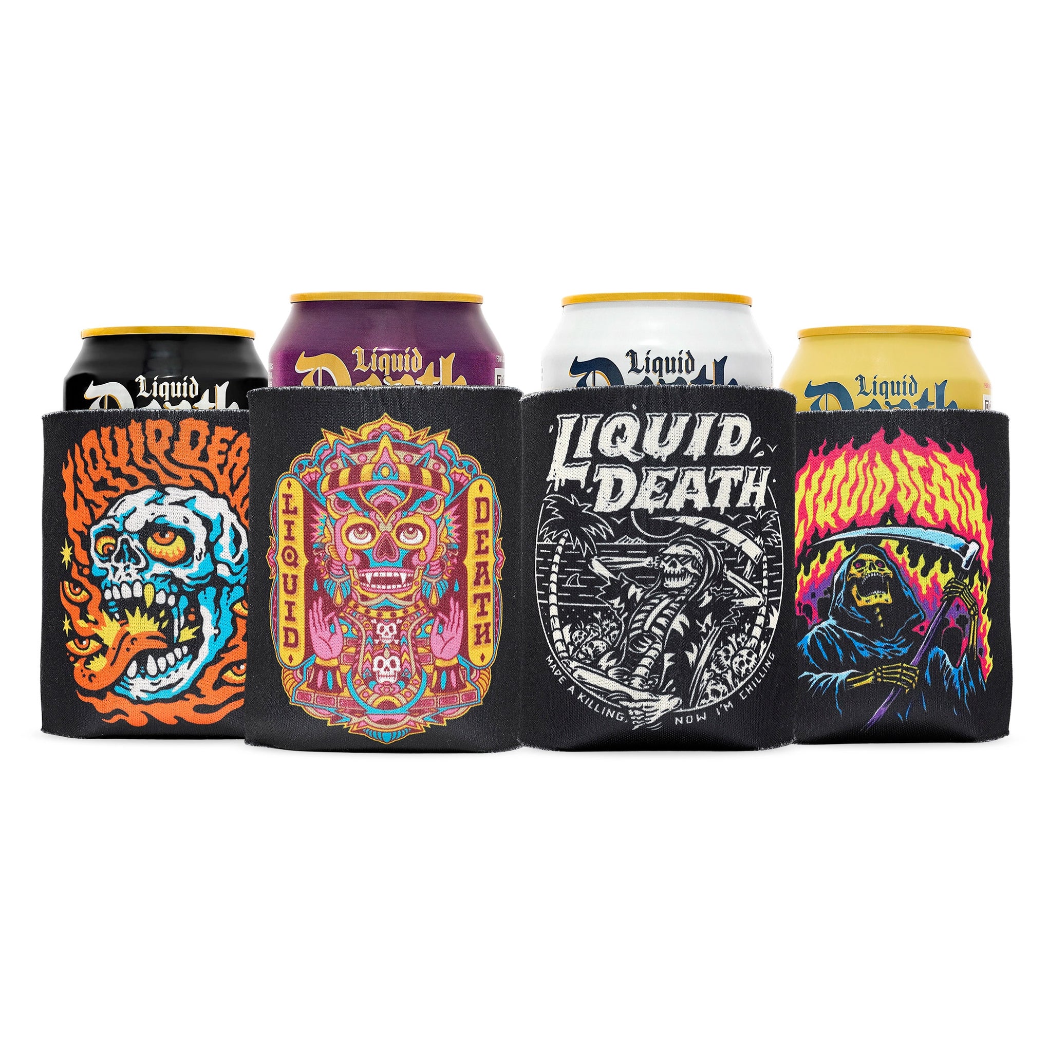 Set of can coolers with 'Liquid Death' branding and colorful designs on a white background.

