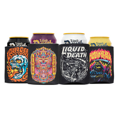 Set of can coolers with 'Liquid Death' branding and colorful designs on a white background.

