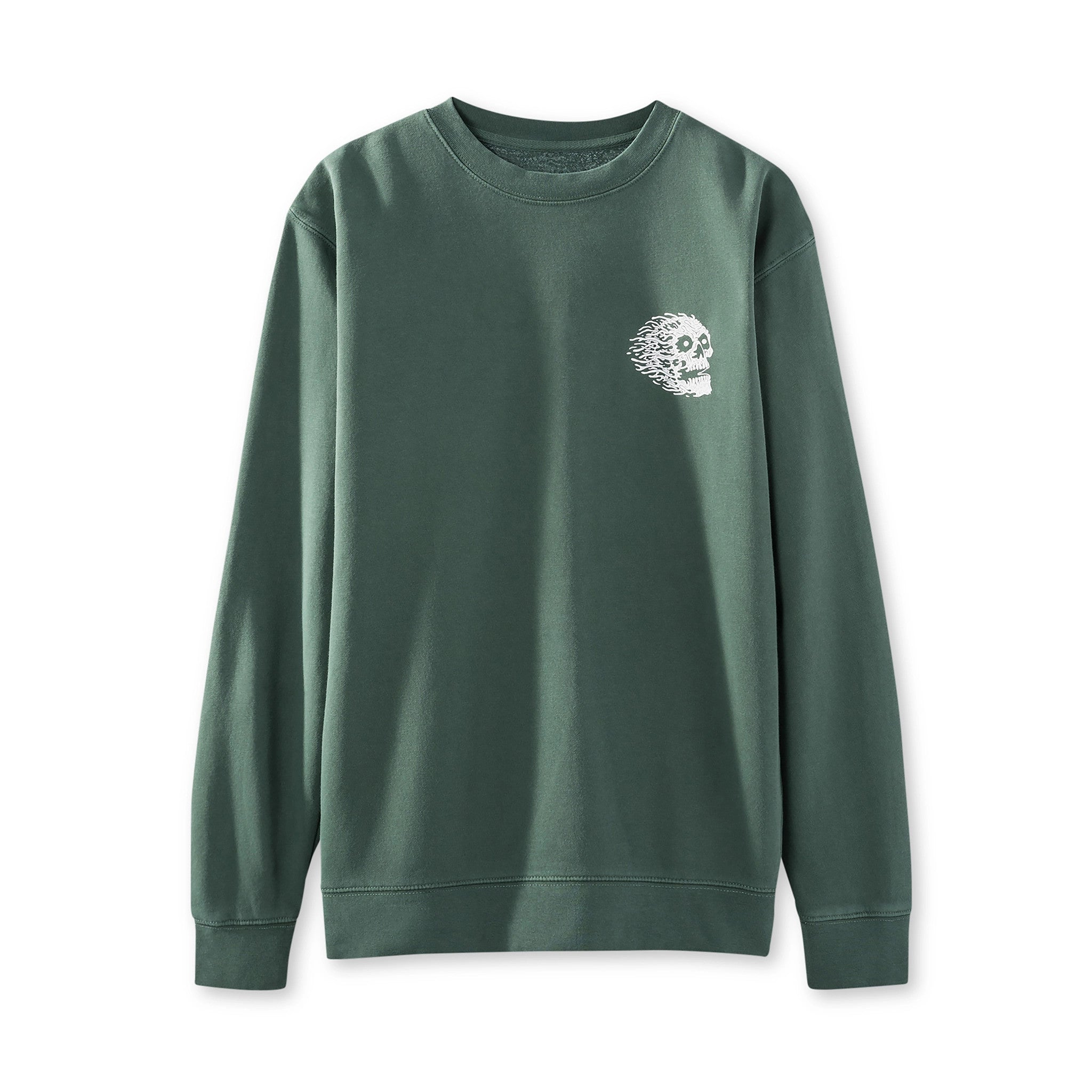 Green sweatshirt with a white skull design on a white background Front