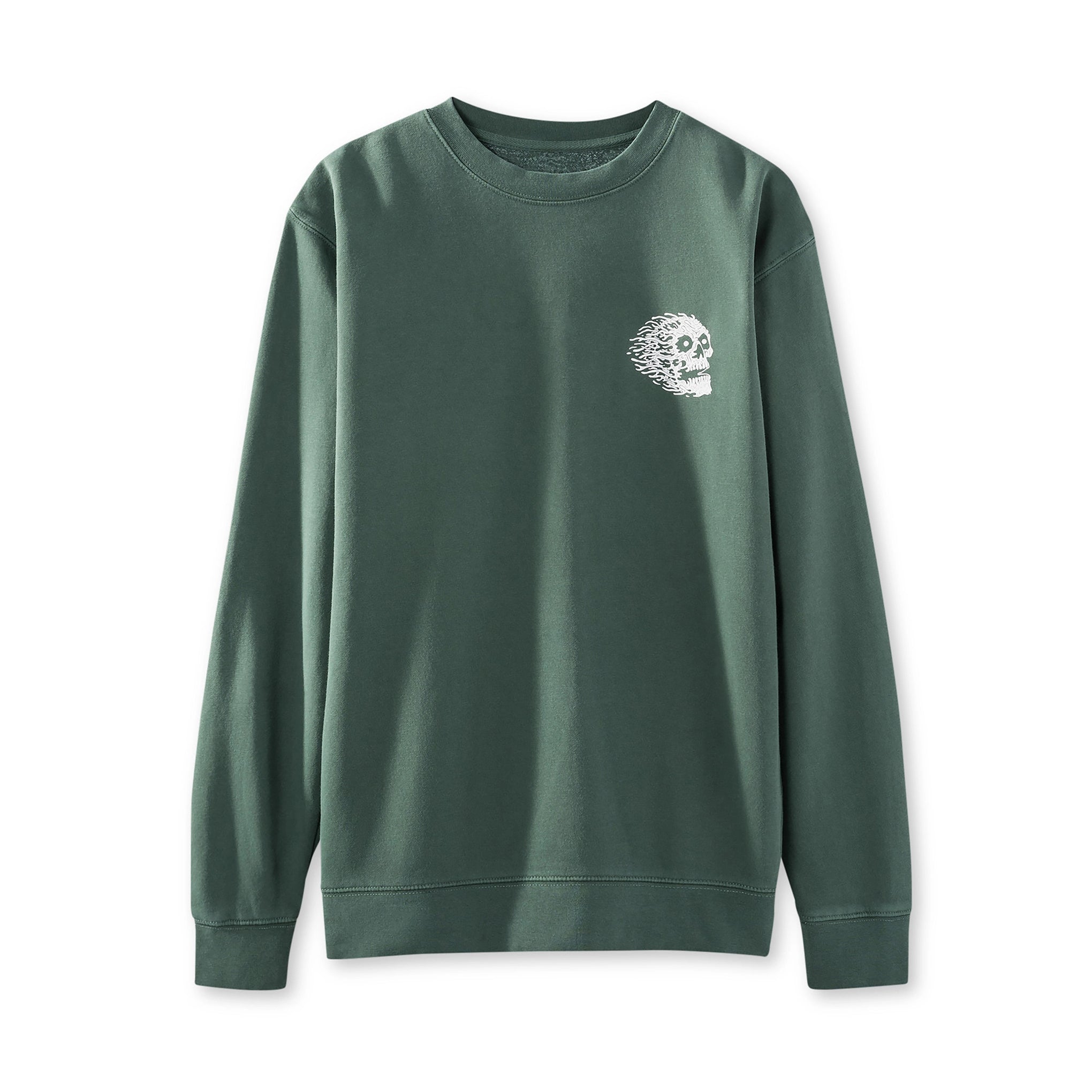 Green sweatshirt with a white skull design on a white background Front
