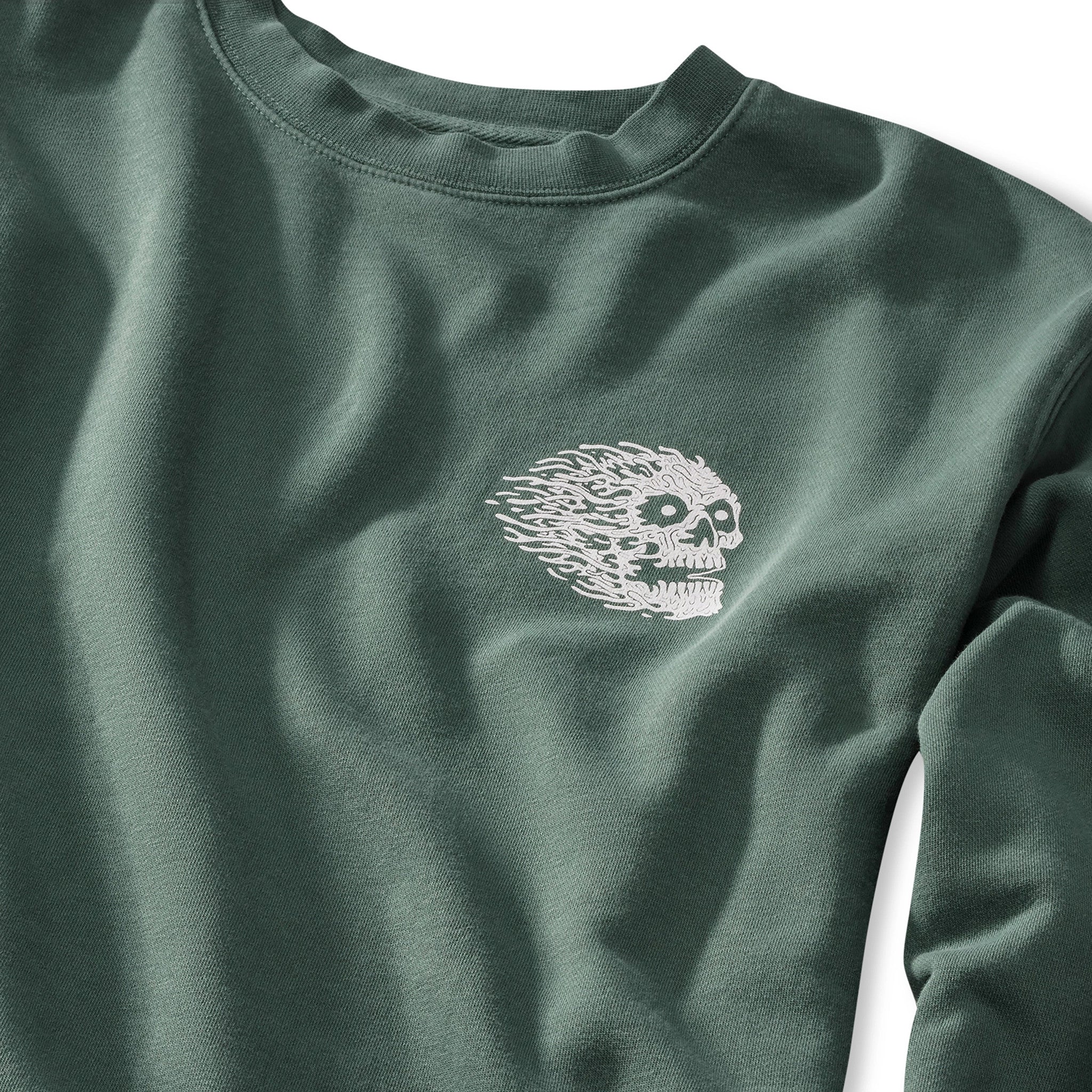Green sweatshirt with a white skull design on a white background Front