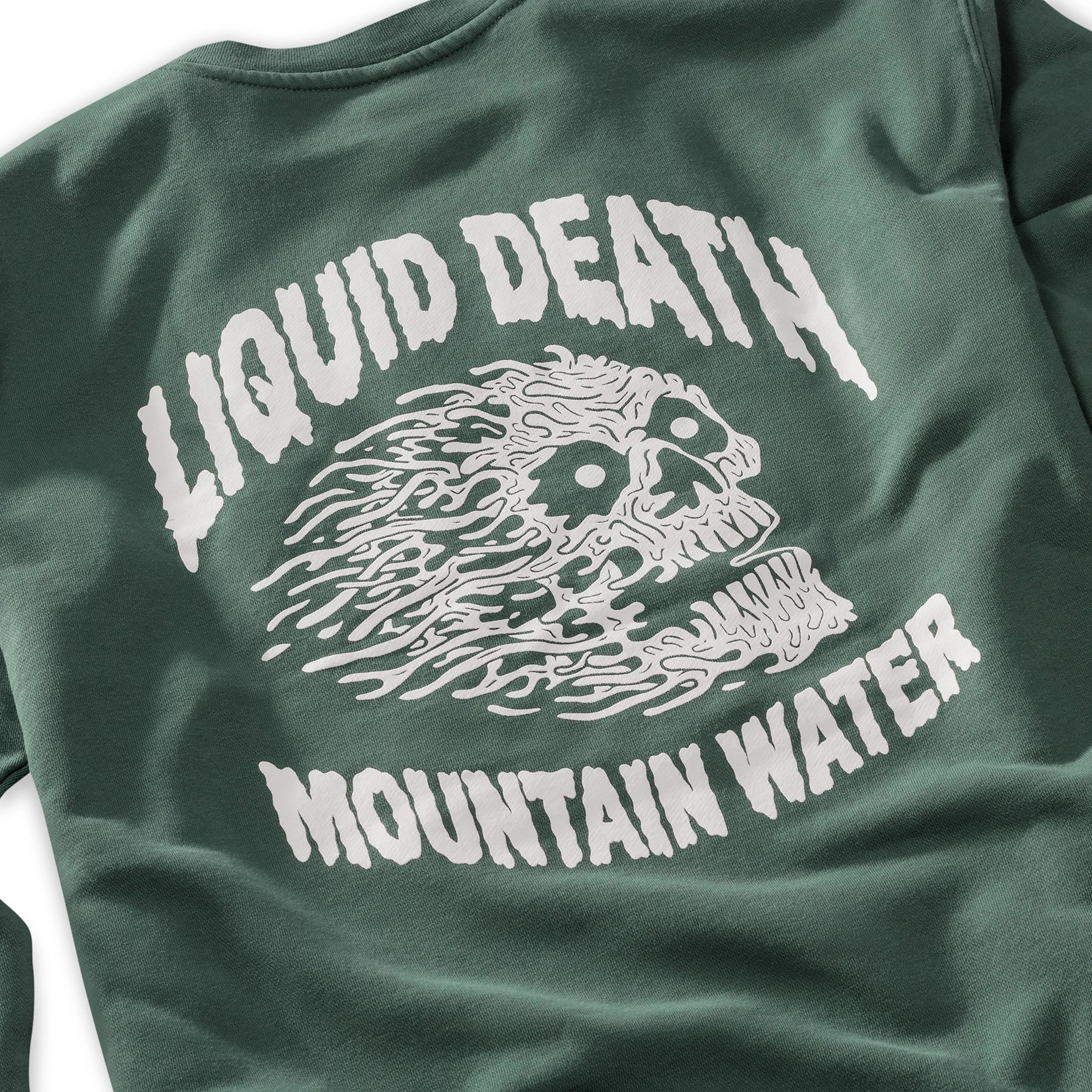 Green sweatshirt with a white skull design on a white background Back detail