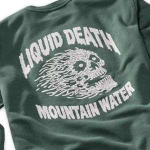 Green sweatshirt with a white skull design on a white background Back detail