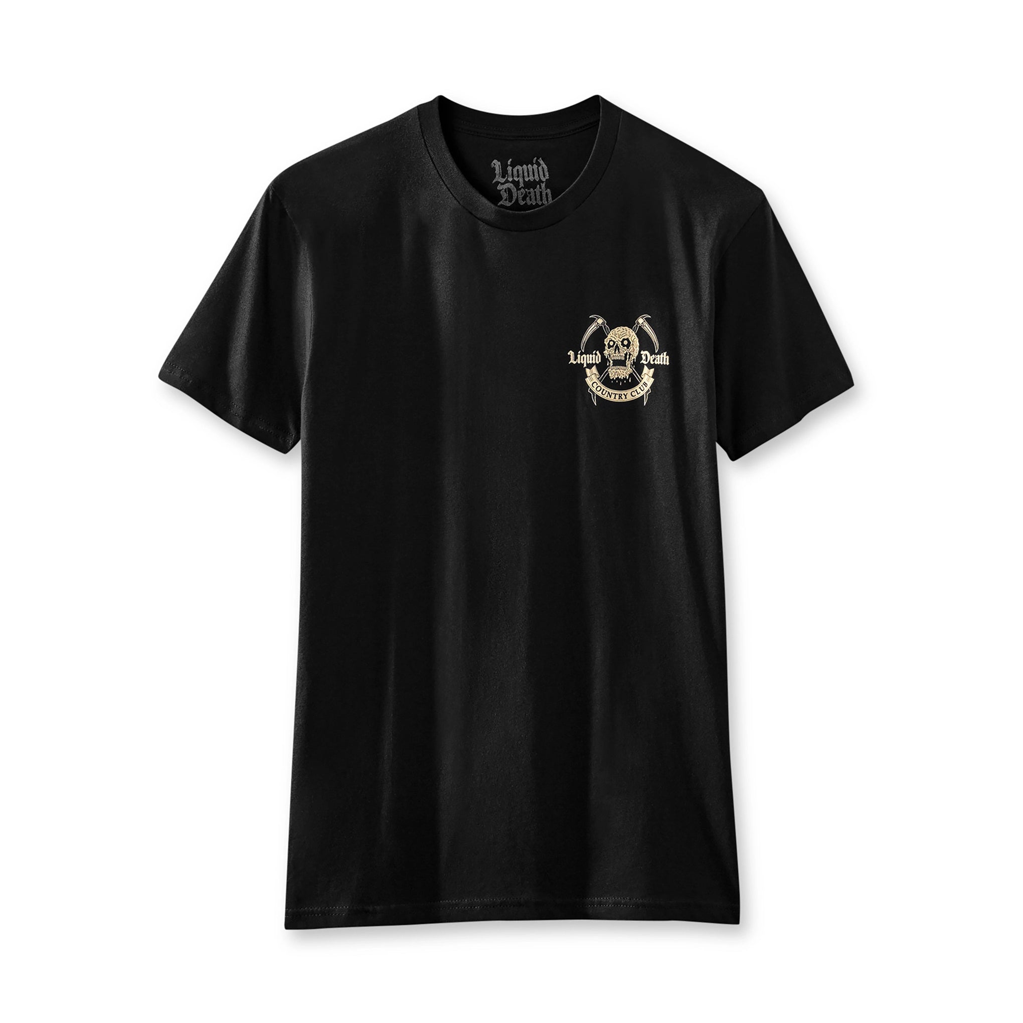 Black t-shirt with a gold logo on a white background