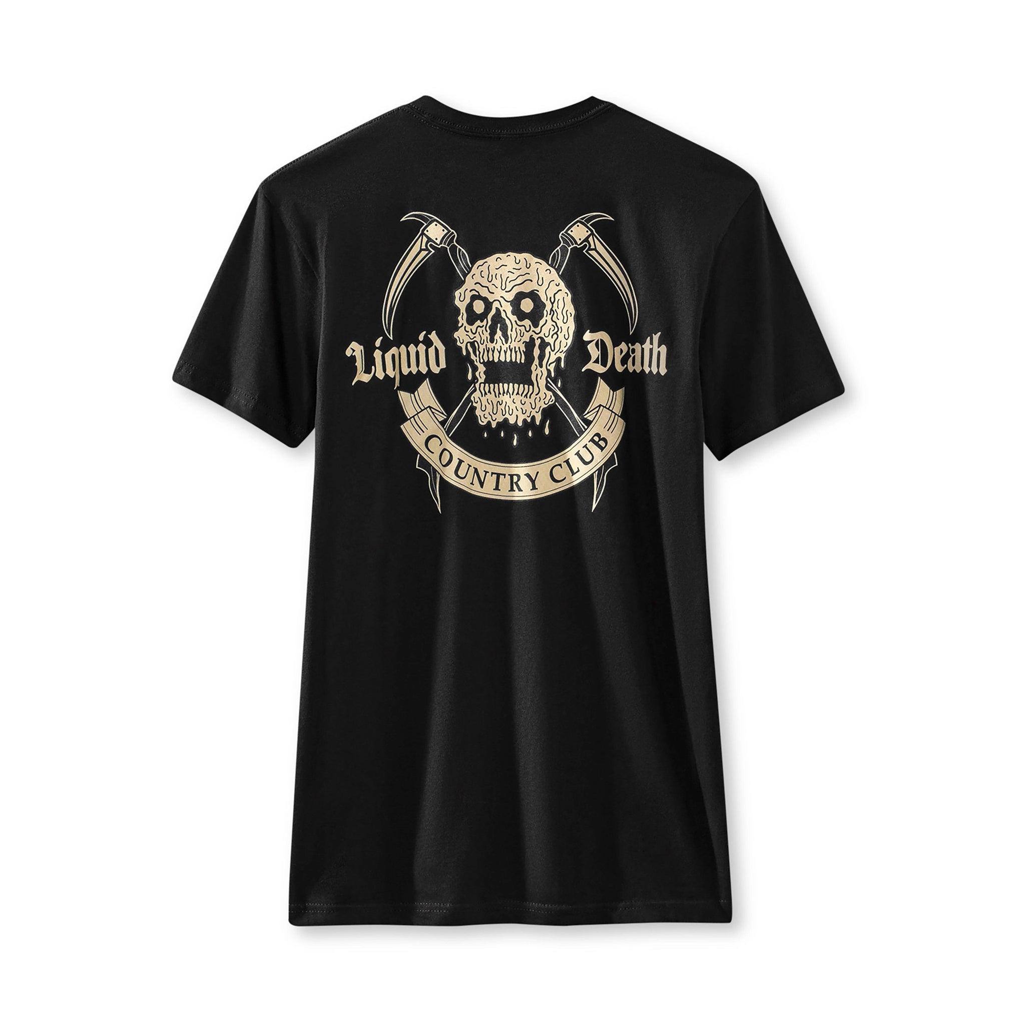 Black t-shirt with skull and crossbones design and 'Liquid Death Country Club' text on a white background