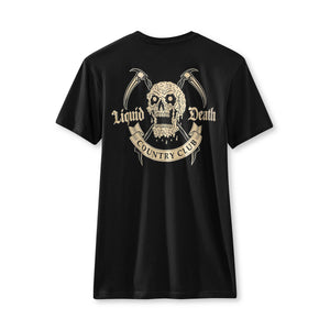 Black t-shirt with skull and crossbones design and 'Liquid Death Country Club' text on a white background