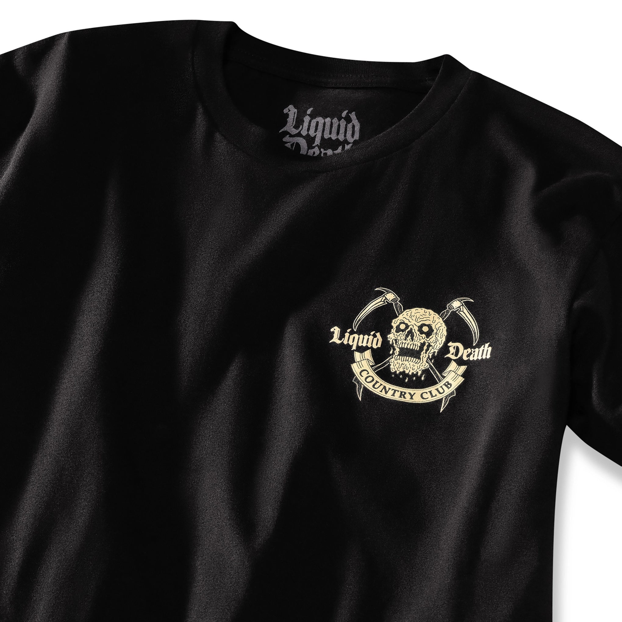 Black t-shirt with 'Liquid Death Country Club' logo on a white background