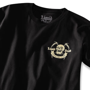 Black t-shirt with 'Liquid Death Country Club' logo on a white background