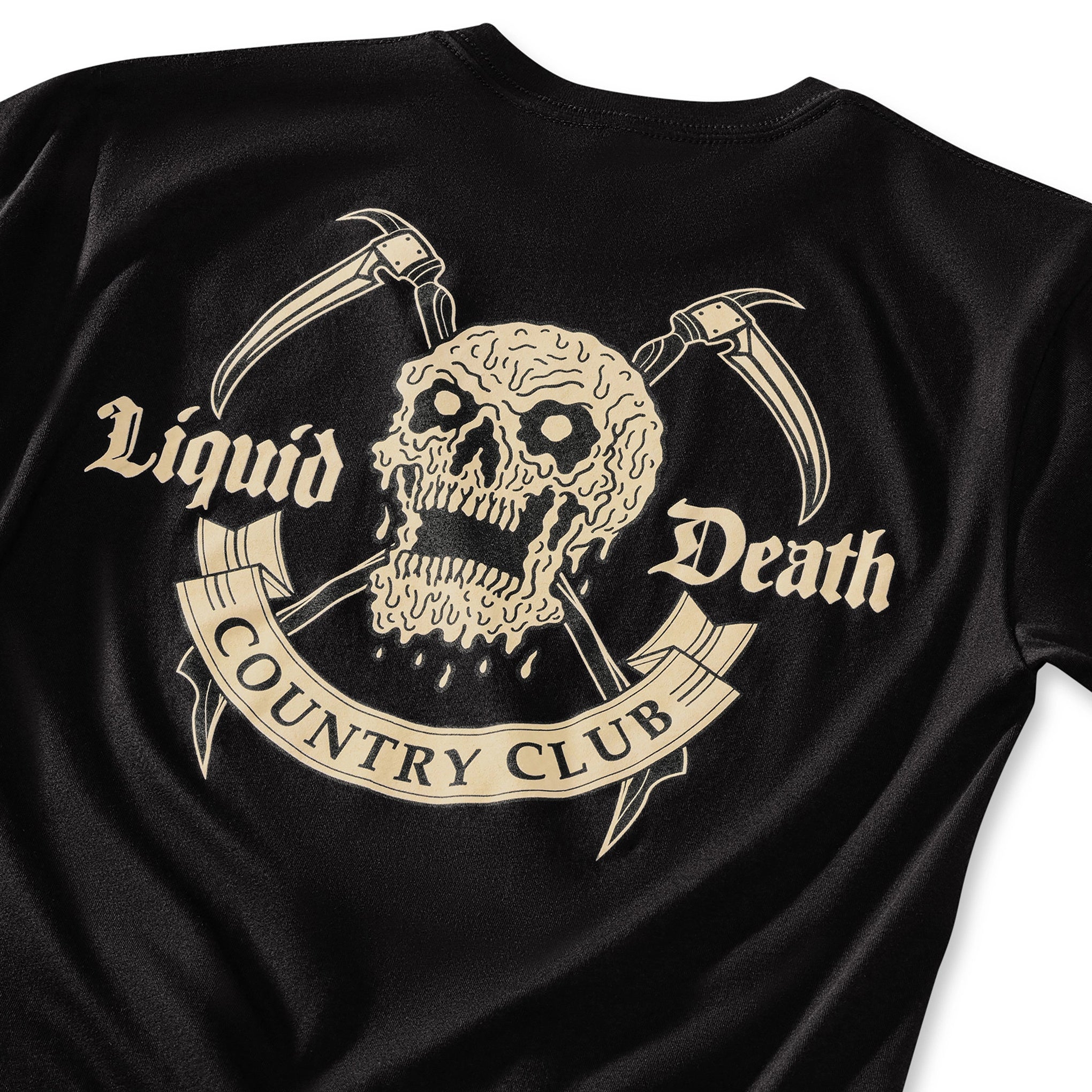 Black t-shirt with a skull and crossed axes design and 'Liquid Death Country Club' text.