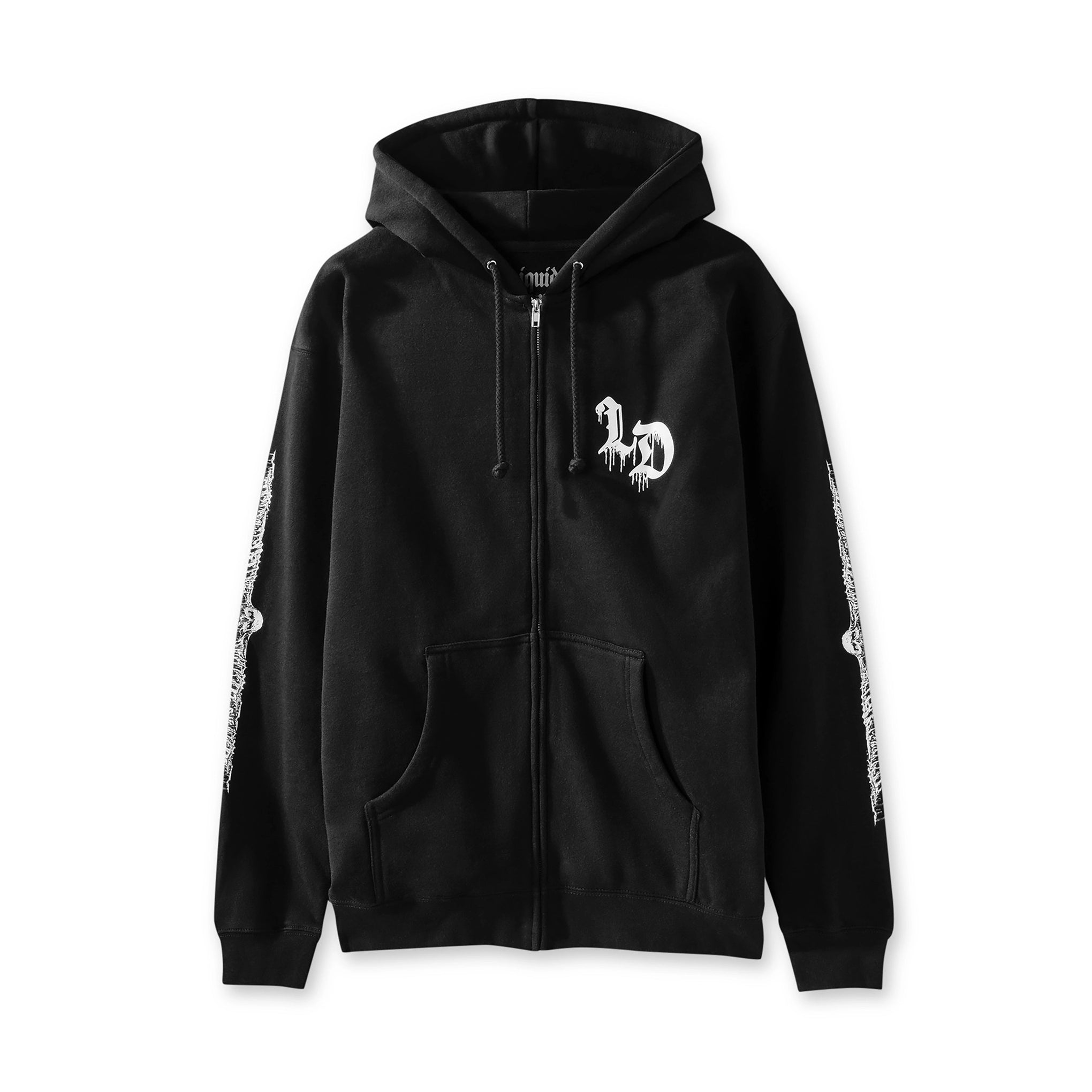 Black hoodie with white logo and designs on a white background