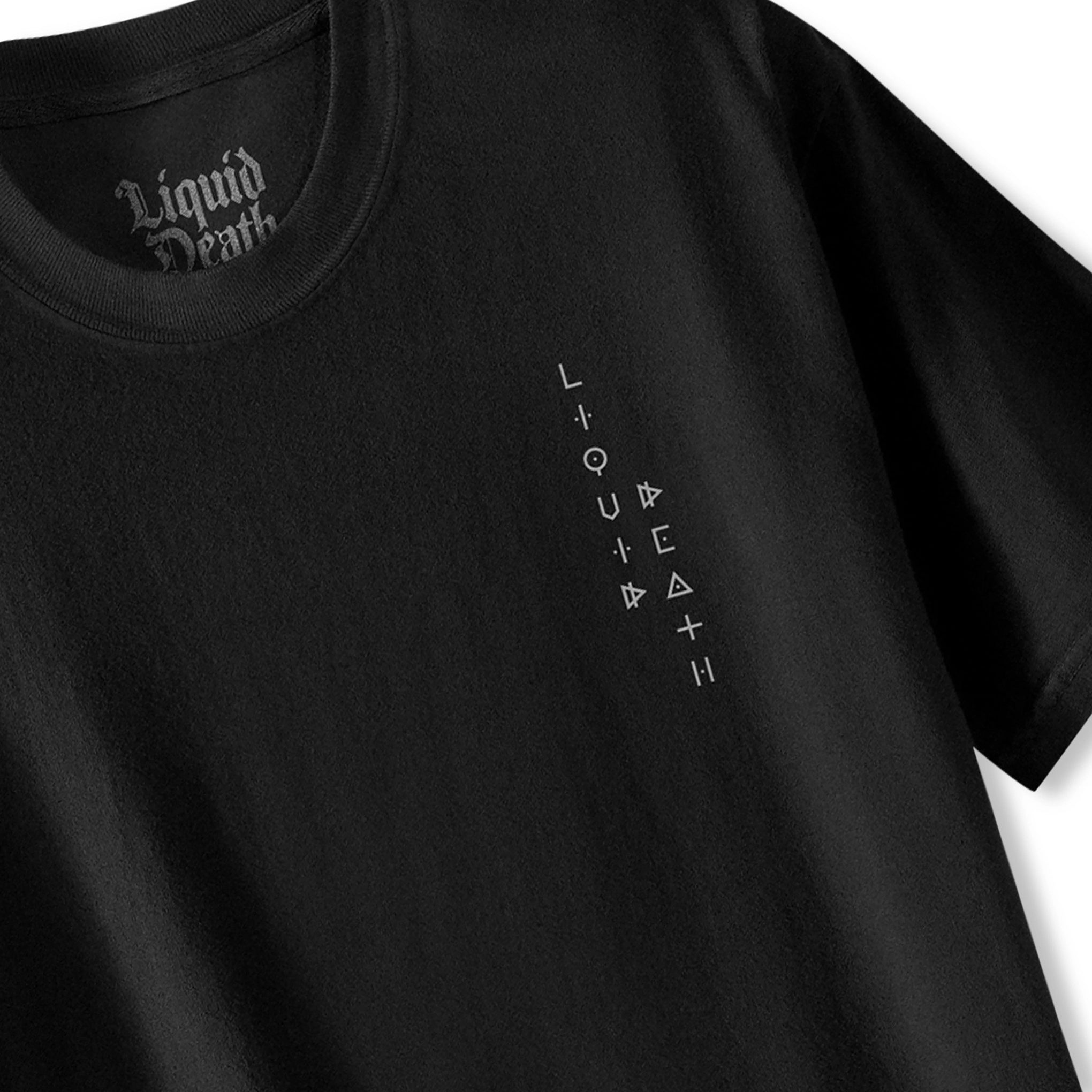Black t-shirt with 'Liquid Death' logo on a white background