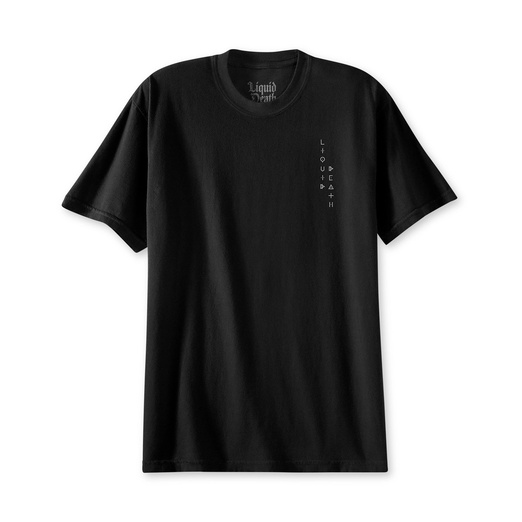 Black t-shirt with a small logo on the chest against a white background