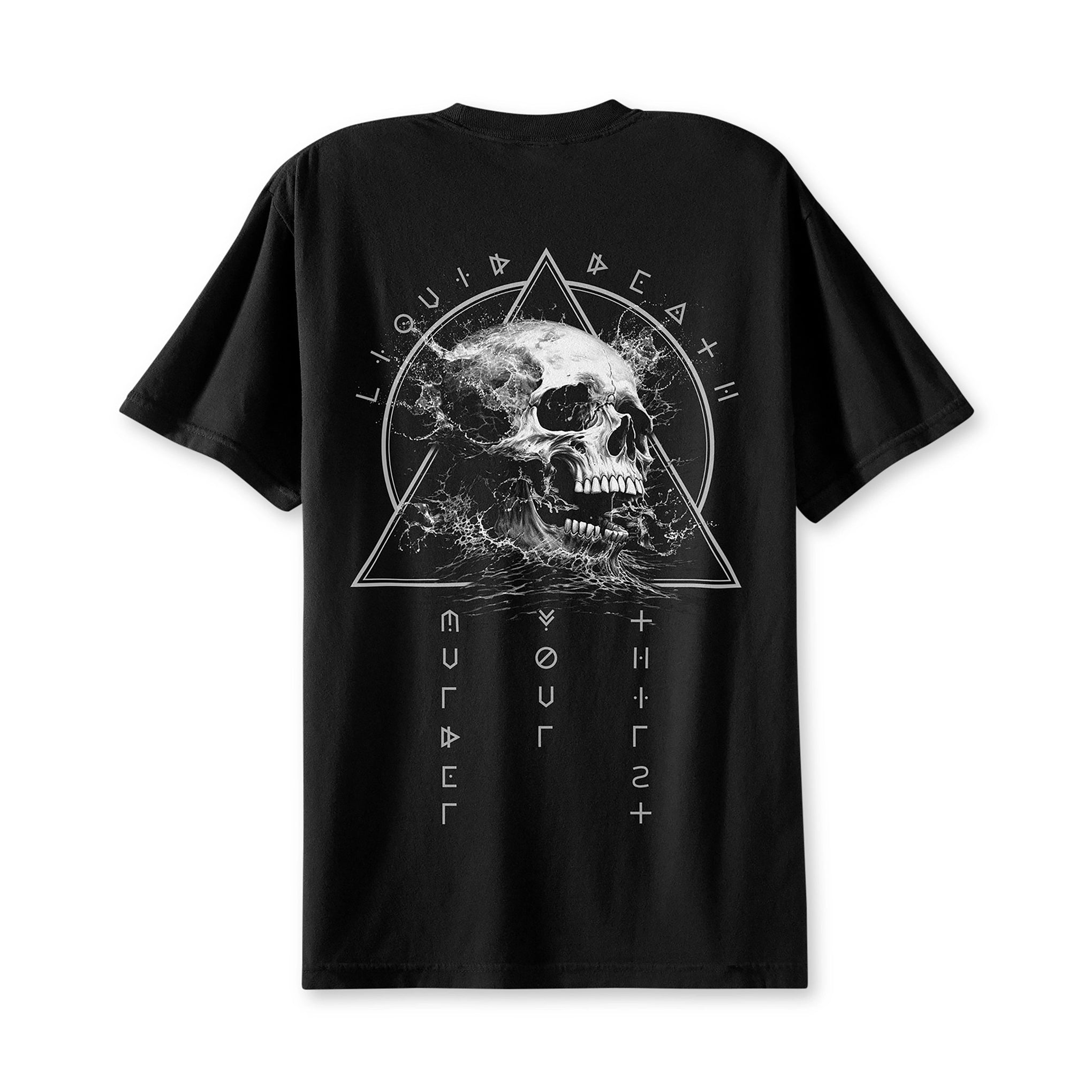 Black t-shirt with a skull design and text on a white background