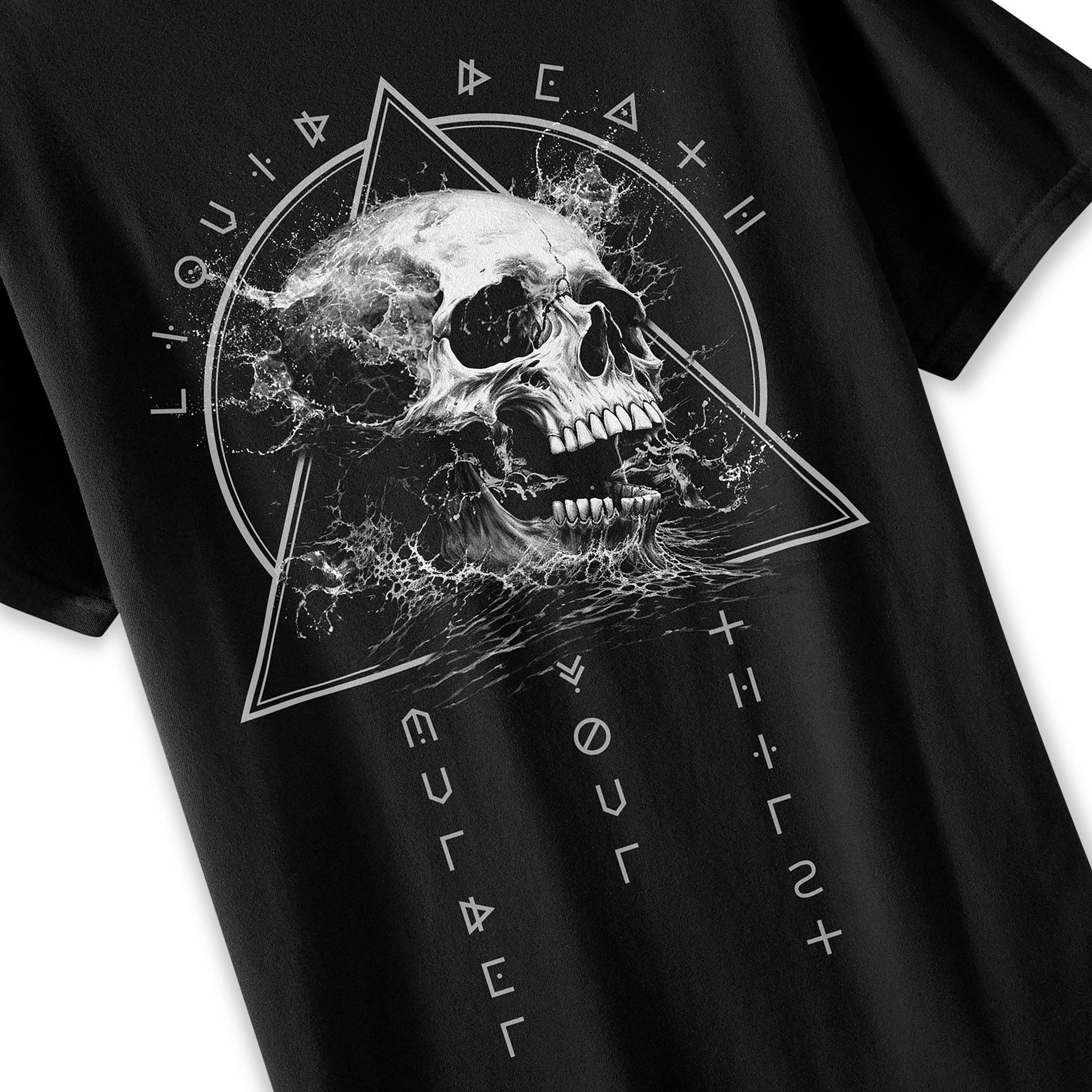 Black t-shirt with a white skull design and text on a white background