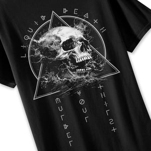 Black t-shirt with a white skull design and text on a white background