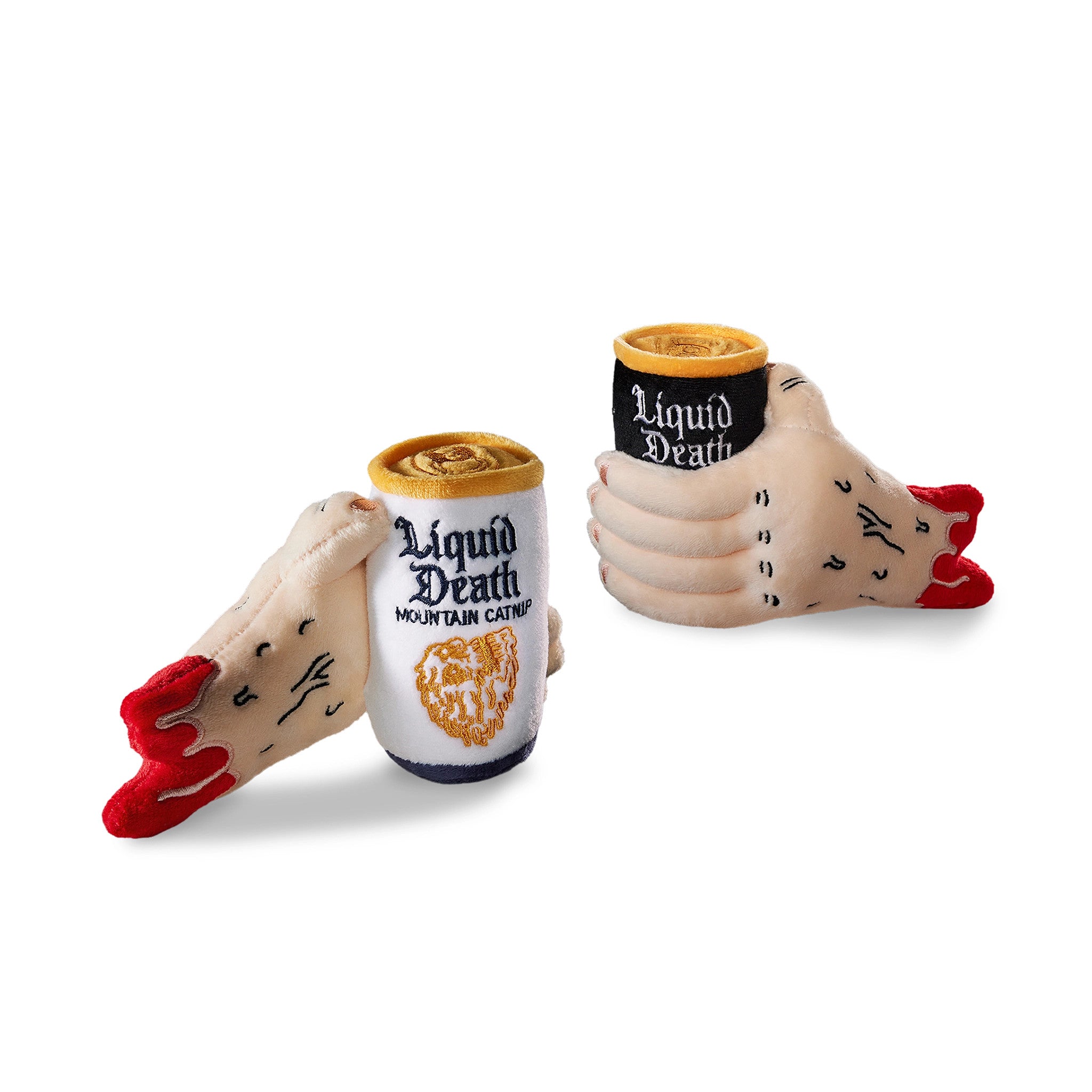 Two hands holding 'Liquid Death' cans with a white background