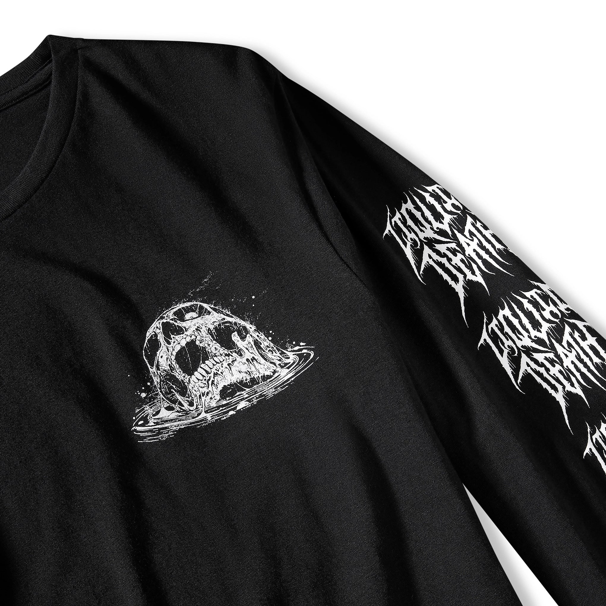 Black long-sleeve shirt with white skull design and text on a white background