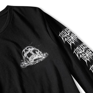 Black long-sleeve shirt with white skull design and text on a white background