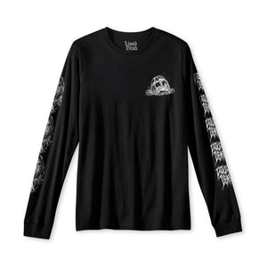 Black long-sleeve shirt with white graphics on a white background