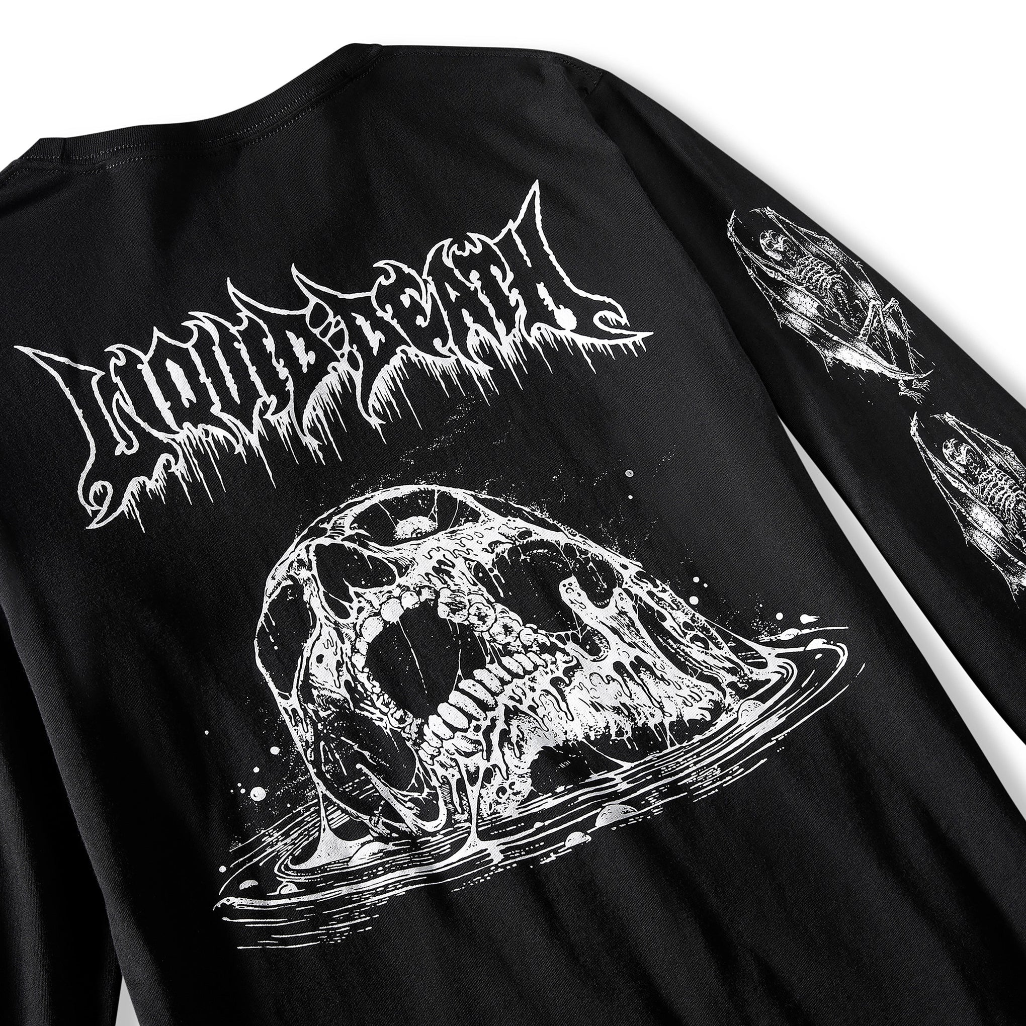 Black t-shirt with white graphic design of a skull and text on a white background